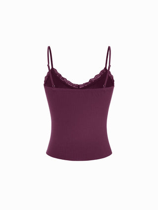Textured V-neck Lace Trim Cami Top