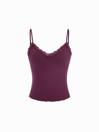 Textured V-neck Lace Trim Cami Top