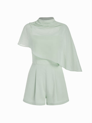 High Neck Asymmetrical Cloak Sleeve Poncho Top & Mid Rise Romper Set