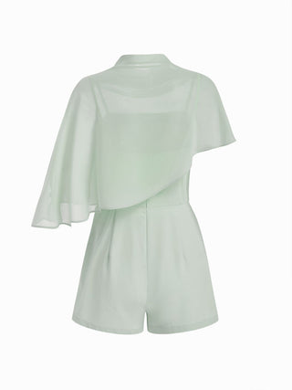 High Neck Asymmetrical Cloak Sleeve Poncho Top & Mid Rise Romper Set