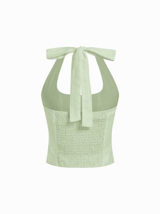 Cotton Jacquard Halter Neckline Ruched Shirred Blouse