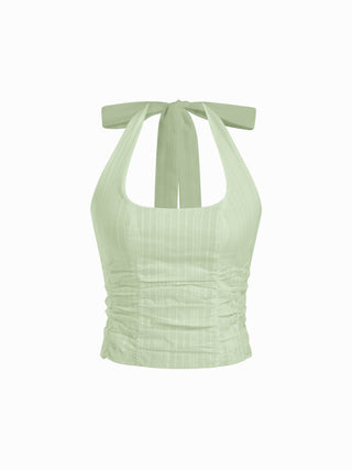 Cotton Jacquard Halter Neckline Ruched Shirred Blouse