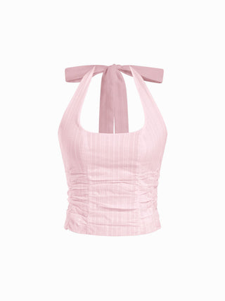 Cotton Jacquard Halter Neckline Ruched Shirred Blouse