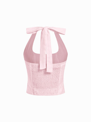 Cotton Jacquard Halter Neckline Ruched Shirred Blouse
