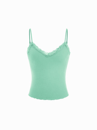 Textured V-neck Lace Trim Cami Top
