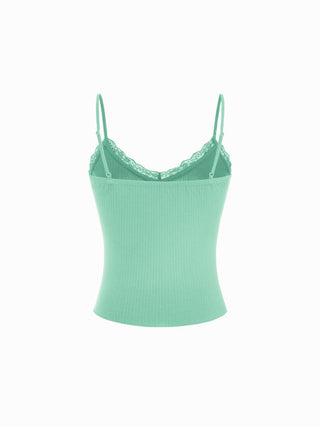 Textured V-neck Lace Trim Cami Top