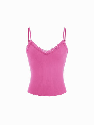 Textured V-neck Lace Trim Cami Top
