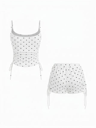 Polka Dot Drawstring Crop Cami Top & Low Rise Drawstring Micro Shorts Set