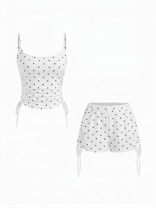 Polka Dot Drawstring Crop Cami Top & Low Rise Drawstring Micro Shorts Set