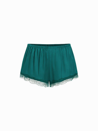 Satin V-neck Lace Trim Cami Top & Mid Rise Lace Hem Shorts Loungewear Set