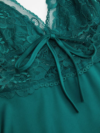 Satin V-neck Lace Trim Cami Top & Mid Rise Lace Hem Shorts Loungewear Set