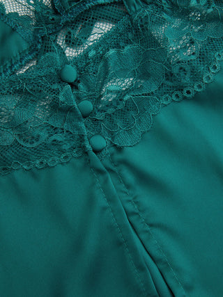 Satin V-neck Lace Trim Cami Top & Mid Rise Lace Hem Shorts Loungewear Set