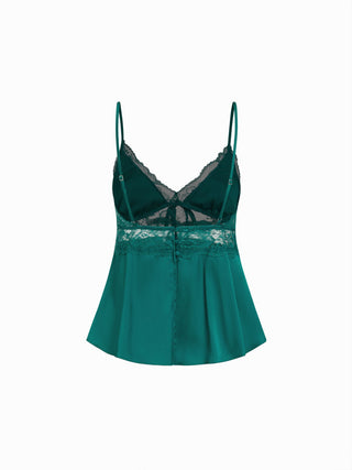 Satin V-neck Lace Trim Cami Top & Mid Rise Lace Hem Shorts Loungewear Set
