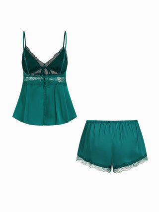 Satin V-neck Lace Trim Cami Top & Mid Rise Lace Hem Shorts Loungewear Set