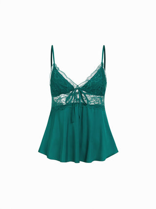 Satin V-neck Lace Trim Cami Top & Mid Rise Lace Hem Shorts Loungewear Set