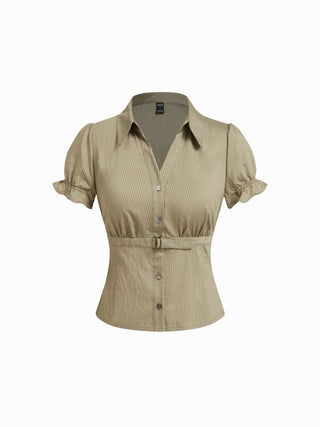 Striped Puff Sleeve Metal Detail Belted Blouse