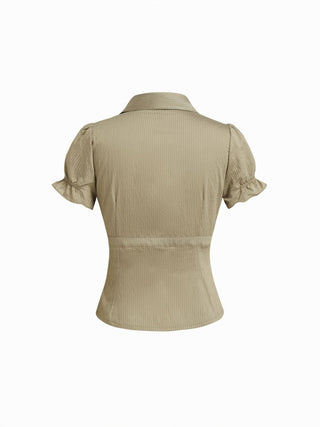 Striped Puff Sleeve Metal Detail Belted Blouse