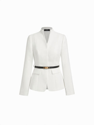 Textured Stand Collar Long Sleeve Blazer With Belt