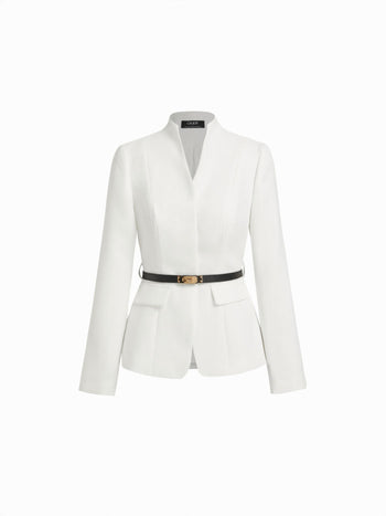 Textured Stand Collar Long Sleeve Blazer With Belt
