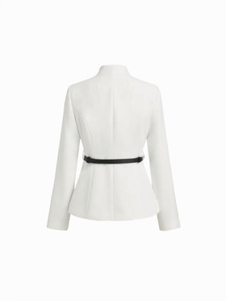 Textured Stand Collar Long Sleeve Blazer With Belt