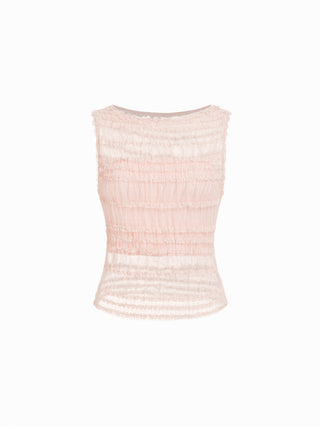 Mesh Boat Neck Ruched Textured See-Through Tank Top