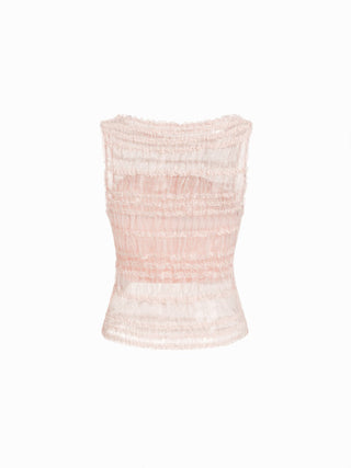 Mesh Boat Neck Ruched Textured See-Through Tank Top