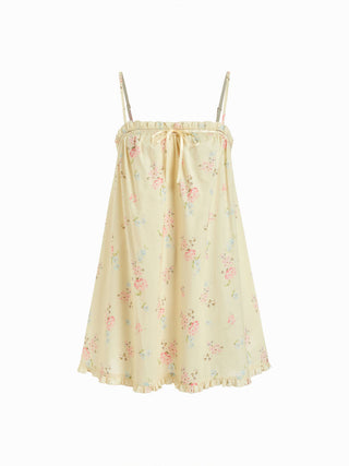 Cotton Floral Square Neck Bowknot Lace Trim Ruffle Hem Mini Nightdress