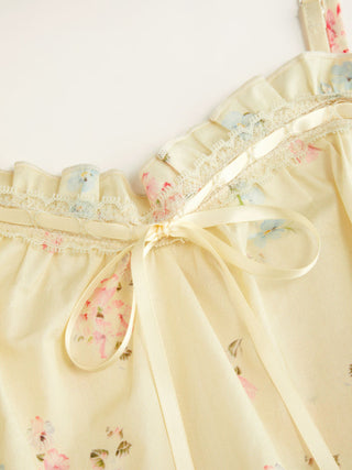 Cotton Floral Square Neck Bowknot Lace Trim Ruffle Hem Mini Nightdress