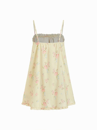 Cotton Floral Square Neck Bowknot Lace Trim Ruffle Hem Mini Nightdress
