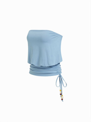 Beaded Drawstring Ruched Bandeau Top