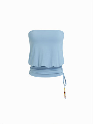 Beaded Drawstring Ruched Bandeau Top