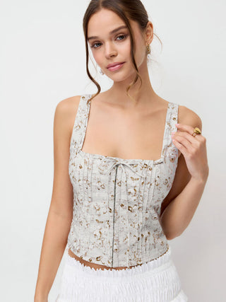 Cotton Floral Square Neck Tie Front Corset Tank Blouse