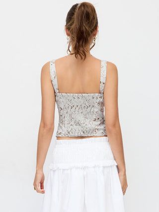 Cotton Floral Square Neck Tie Front Corset Tank Blouse