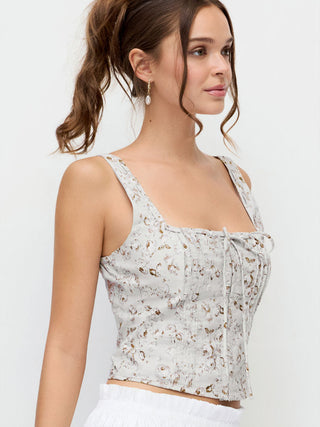 Cotton Floral Square Neck Tie Front Corset Tank Blouse