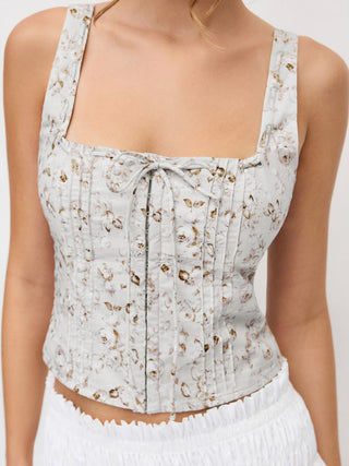 Cotton Floral Square Neck Tie Front Corset Tank Blouse