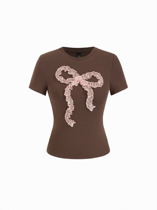 Cotton-blend Ruffle Bowknot Short Sleeve Tee