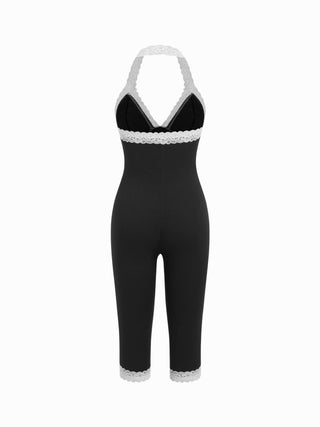 Halter Neckline Lace Trim Mid Rise Leggings Jumpsuit