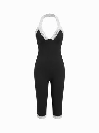 Halter Neckline Lace Trim Mid Rise Leggings Jumpsuit