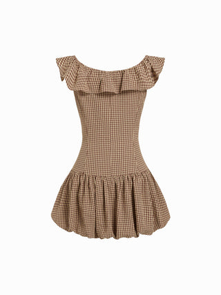 Cotton-blend Gingham Boat Neck Ruffled Bubble Hem Mini Dress