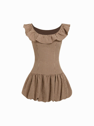 Cotton-blend Gingham Boat Neck Ruffled Bubble Hem Mini Dress