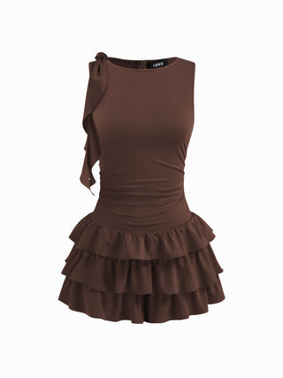 Boat Neck Ruched Ruffle Hem Layered Micro Romper