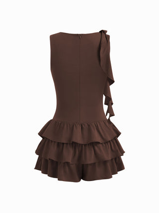 Boat Neck Ruched Ruffle Hem Layered Micro Romper