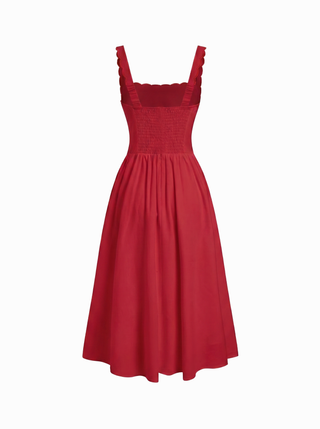 Linen-blend Square Neck Fruit Embroidery Flared Maxi Dress