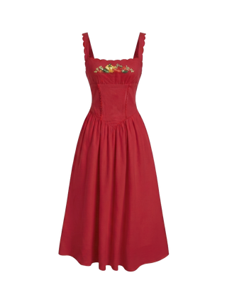 Linen-blend Square Neck Fruit Embroidery Flared Maxi Dress