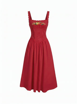 Linen-blend Square Neck Fruit Embroidery Flared Maxi Dress