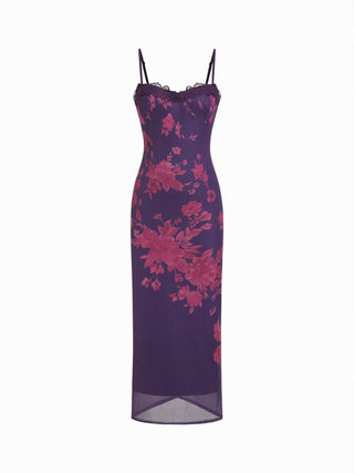 Mesh Floral Graphic V-neck Lace Trim Lace Up Straight Maxi Dress