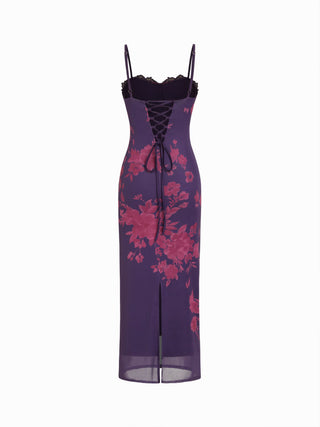 Mesh Floral Graphic V-neck Lace Trim Lace Up Straight Maxi Dress