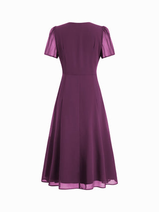 Chiffon Puff Sleeve Ruched Cut Out A-line Maxi Dress