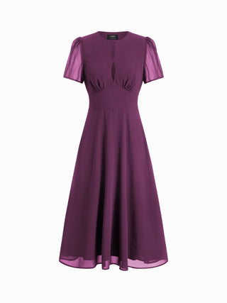 Chiffon Puff Sleeve Ruched Cut Out A-line Maxi Dress