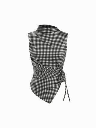 Gingham Stand Collar Asymmetrical Hem Ruched Knotted Top